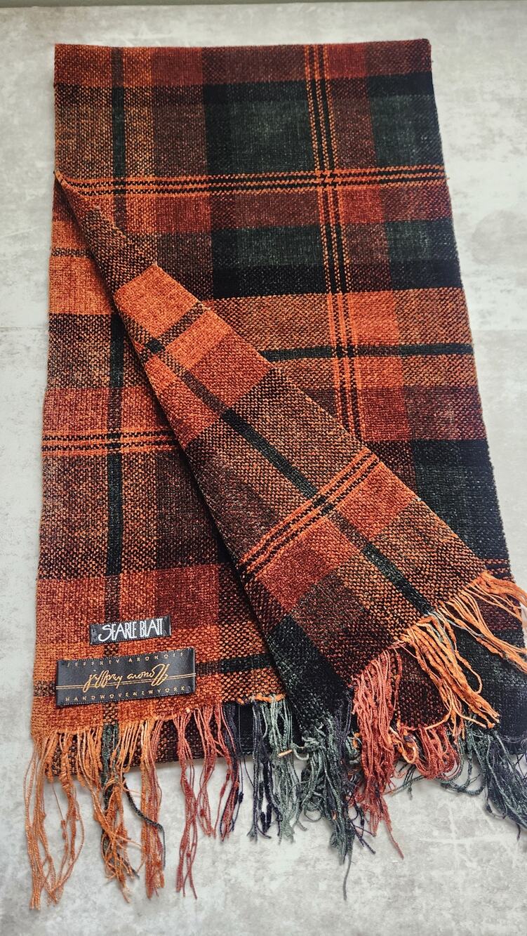 Authentic Jeffrey Aronoff Chenille Fringe Scarf Handwoven Brown Plaid